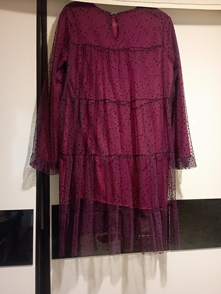 Mor Puantiyeli Uzun Kollu Kat Kat Elbise yada tunik - Görsel 5