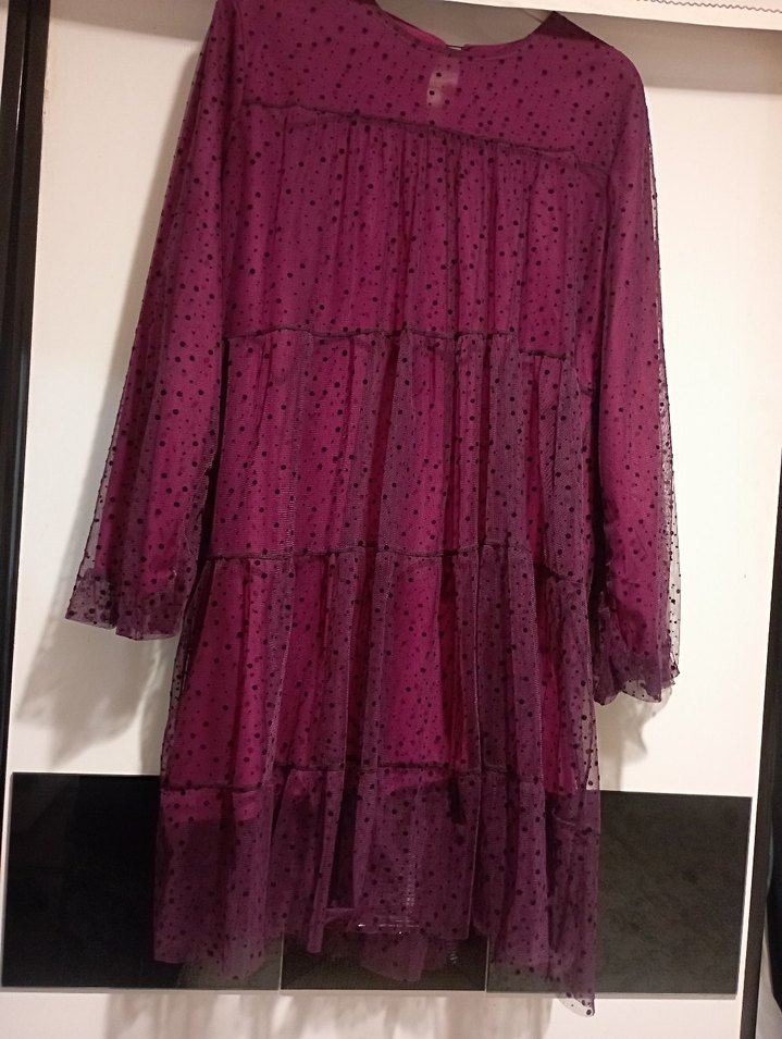 Mor Puantiyeli Uzun Kollu Kat Kat Elbise yada tunik - Görsel 3