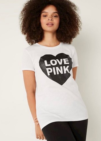 Victoria s Secret Baskılı Siyah Kalp Detaylı Beyaz Tişört