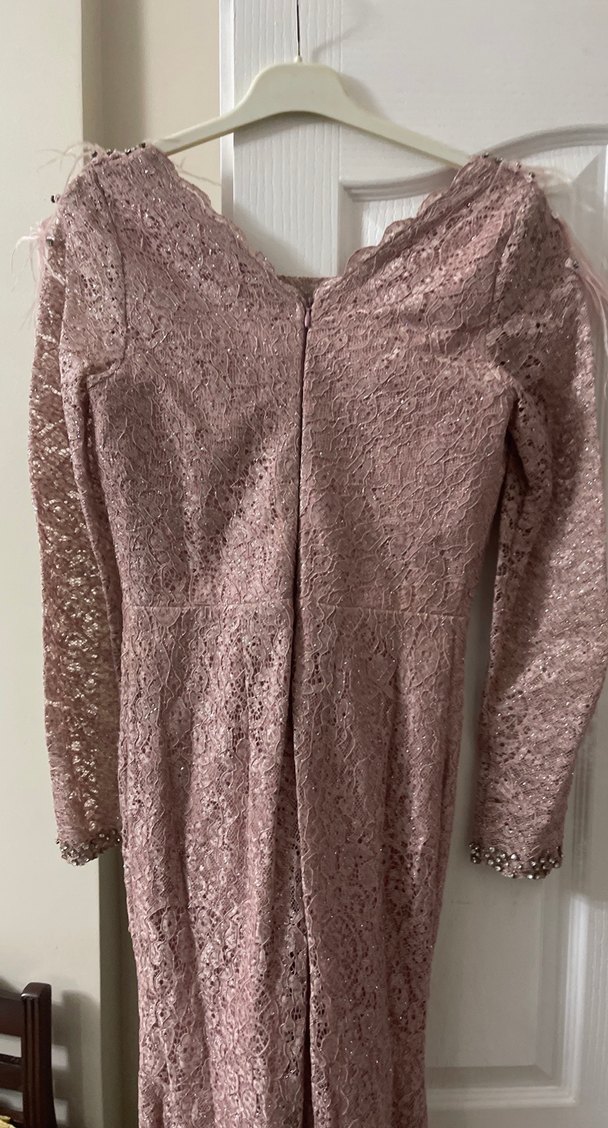 Dantel İşlemeli Uzun Kollu Pembe Nişan Elbisesi - Görsel 4