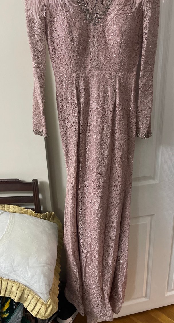 Dantel İşlemeli Uzun Kollu Pembe Nişan Elbisesi - Görsel 3