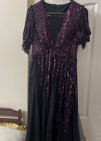 Parlak Mor Uzun Drapeli Kadın Abiye Elbise - Görsel 3