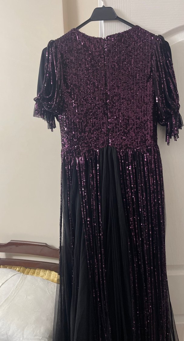 Parlak Mor Uzun Drapeli Kadın Abiye Elbise - Görsel 2