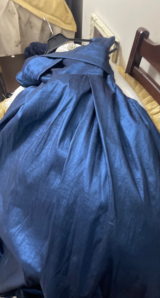 Lacivert V Yakalı Uzun Drapeli Abiye Elbise - Görsel 3