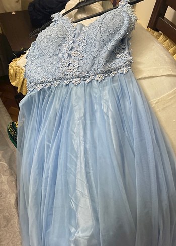 Dantel İşlemeli Mavi Bohem Uzun Nişan Elbisesi - Görsel 3