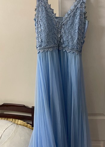 Dantel İşlemeli Mavi Bohem Uzun Nişan Elbisesi - Görsel 2