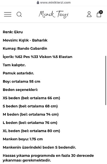 xs Beden ten rengi Renk Minik Terzi Etek