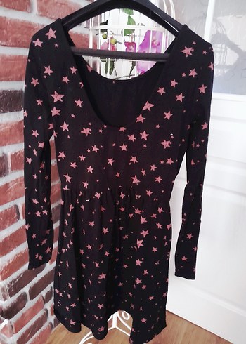 Pembe Yıldız Desenli Uzun Kollu Midi Elbise - Görsel 2