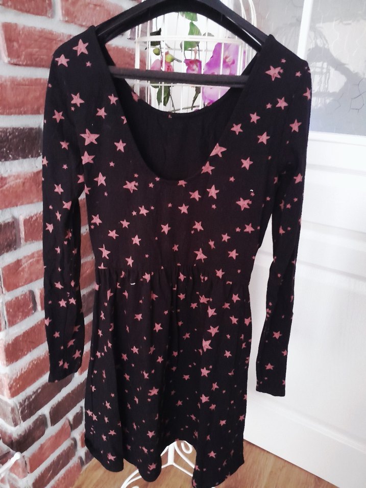 Pembe Yıldız Desenli Uzun Kollu Midi Elbise - Görsel 2