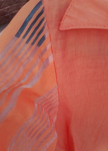 Turuncu, düğmeli, uzun kollu keten gömlek - Görsel 2