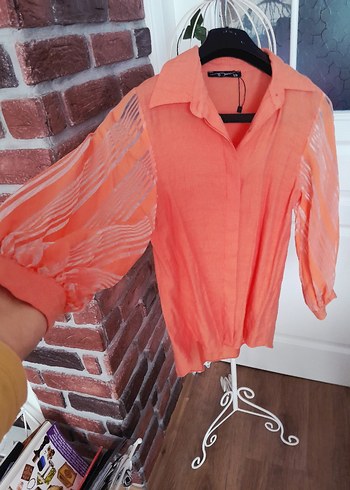 Turuncu, düğmeli, uzun kollu keten gömlek - Görsel 5