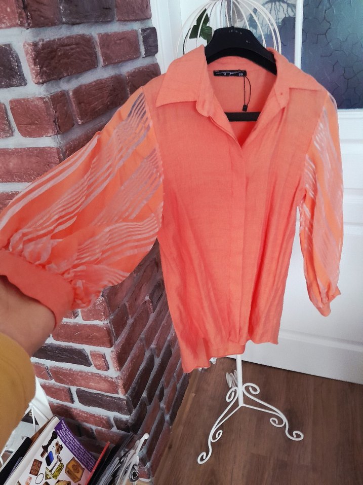 Turuncu, düğmeli, uzun kollu keten gömlek - Görsel 5