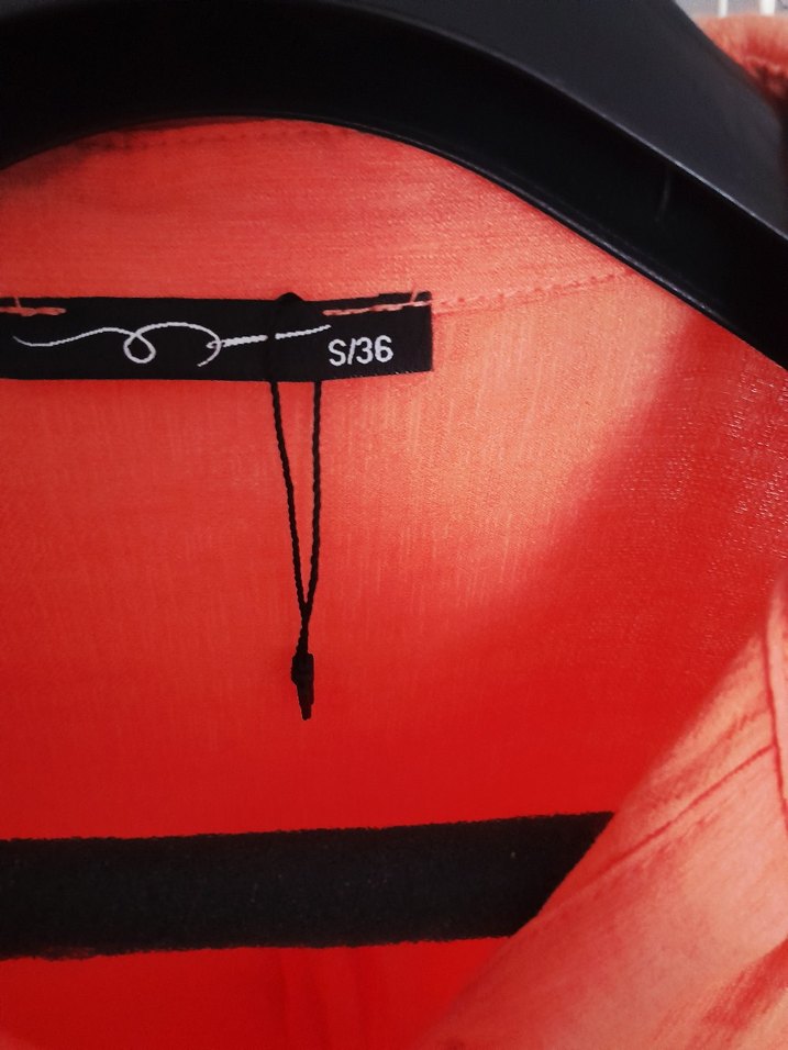 Turuncu, düğmeli, uzun kollu keten gömlek - Görsel 3