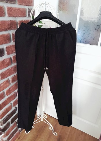 Siyah Keten Kadın Pantolon Midi Boy - Görsel 2