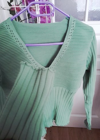 Bohem Tarz Pastel Yeşil V Yaka Kadın Kazak - Görsel 2