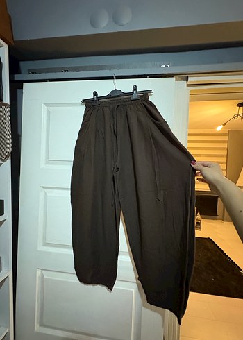 Diğer Kadın Kahverengi Keten Pilili Geniş Paça Pantolon