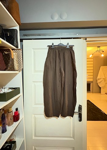 m Beden Kadın Kahverengi Keten Pilili Geniş Paça Pantolon