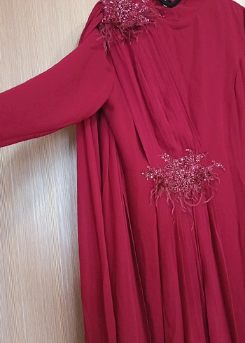 46 Beden bordo Renk Bordo Uzun Kollu Drapeli Abiye Elbise
