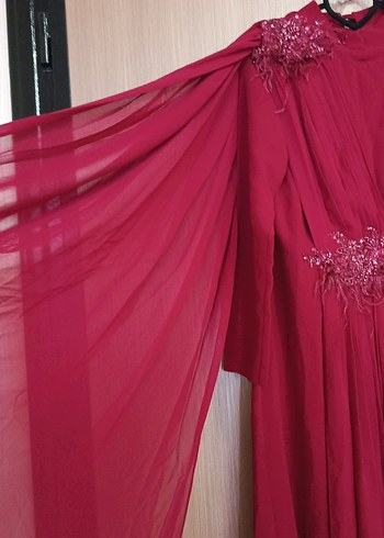 Bordo Uzun Kollu Drapeli Abiye Elbise - Görsel 5