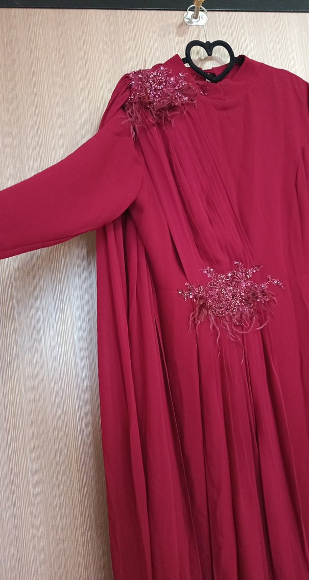 Bordo Uzun Kollu Drapeli Abiye Elbise - Görsel 4