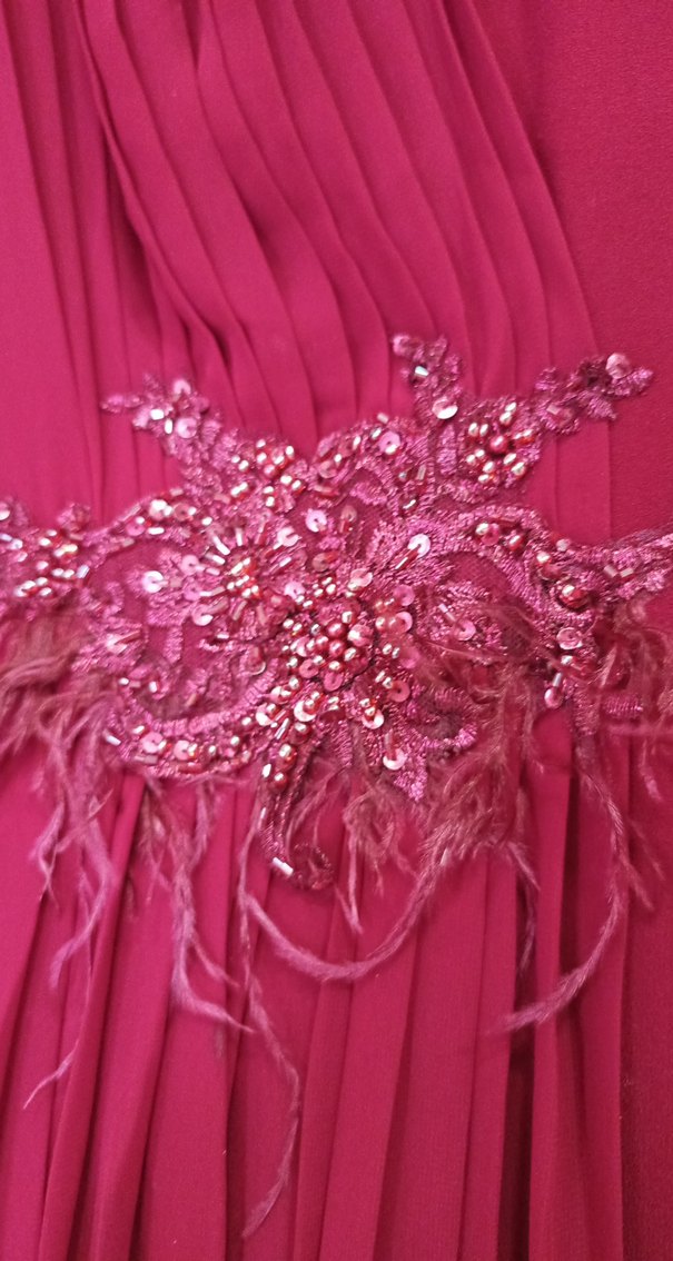 Bordo Uzun Kollu Drapeli Abiye Elbise - Görsel 3