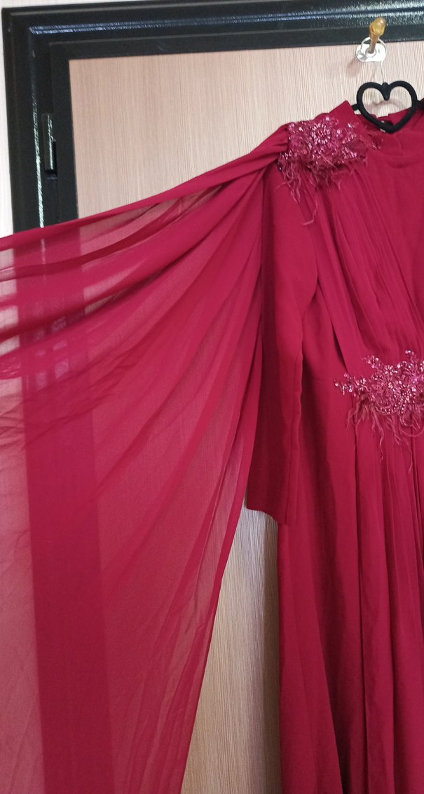 Bordo Uzun Kollu Drapeli Abiye Elbise - Görsel 5