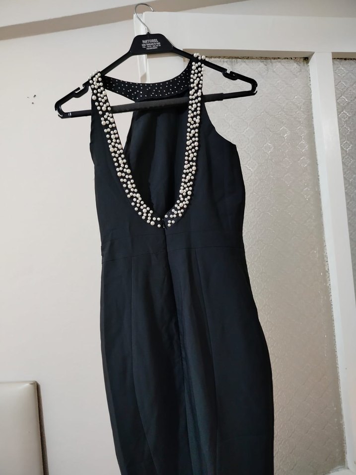 Uzun Siyah Drapeli Strappy Abiye Elbise - Görsel 2