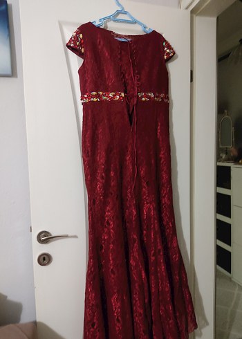 Bordo Dantel Detaylı Uzun Abiye Elbise - Görsel 2