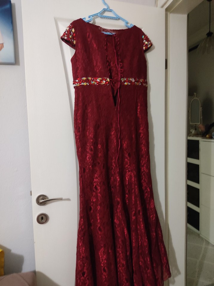 Bordo Dantel Detaylı Uzun Abiye Elbise - Görsel 2