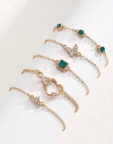 Beden altın Renk 5 adet/takım Rhinestone Kelebek ve Kalp Dekor Bileklik