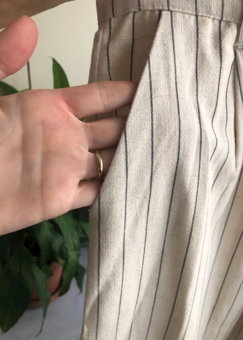 Bej Çizgili Kadın Keten Pantolon - Görsel 3