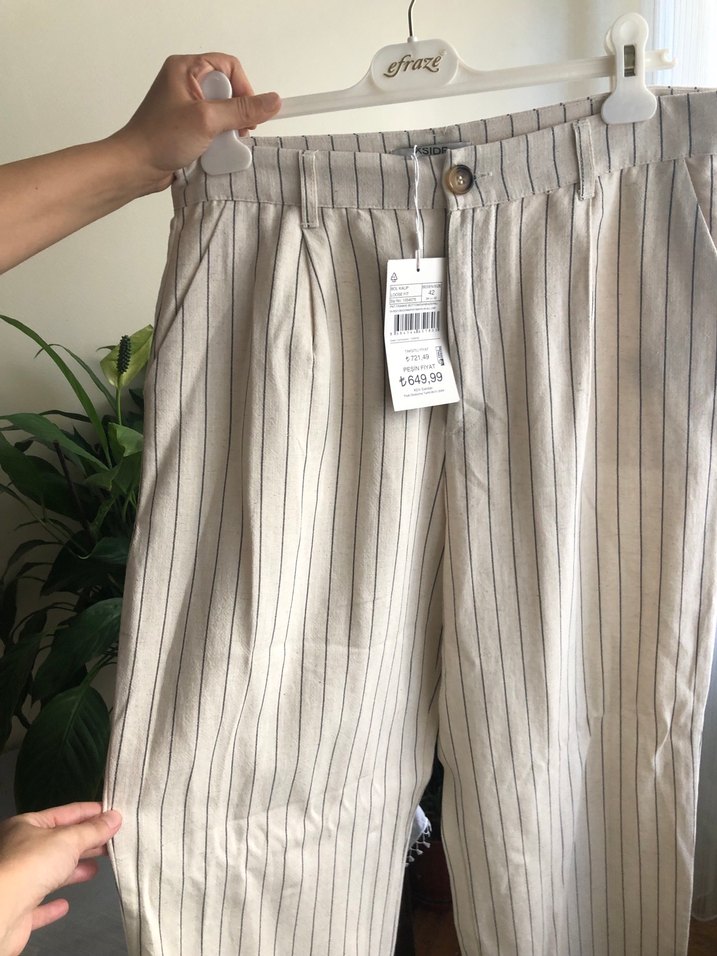 Bej Çizgili Kadın Keten Pantolon - Görsel 2