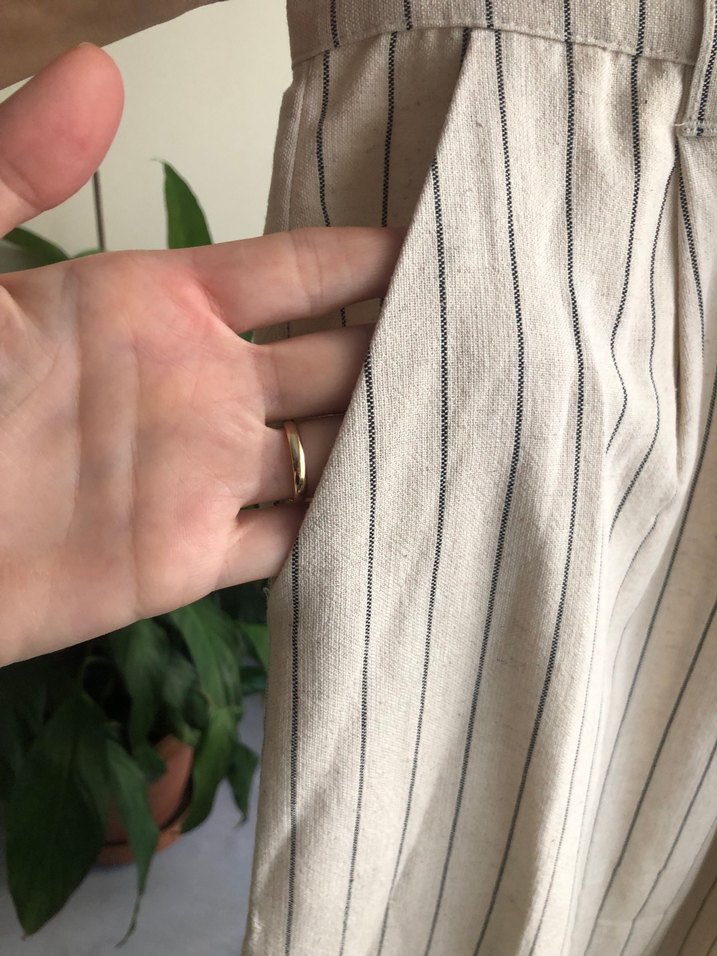 Bej Çizgili Kadın Keten Pantolon - Görsel 3