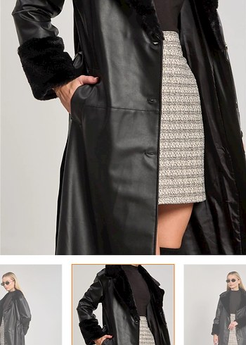 Kadın Siyah Deri Uzun Kürklü Trençkot - Görsel 3