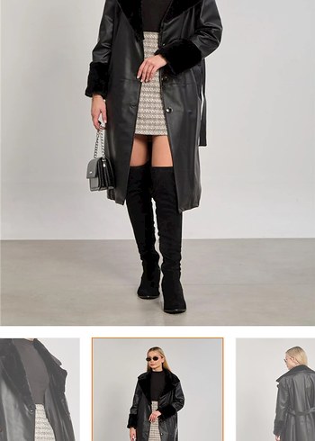 Kadın Siyah Deri Uzun Kürklü Trençkot - Görsel 2