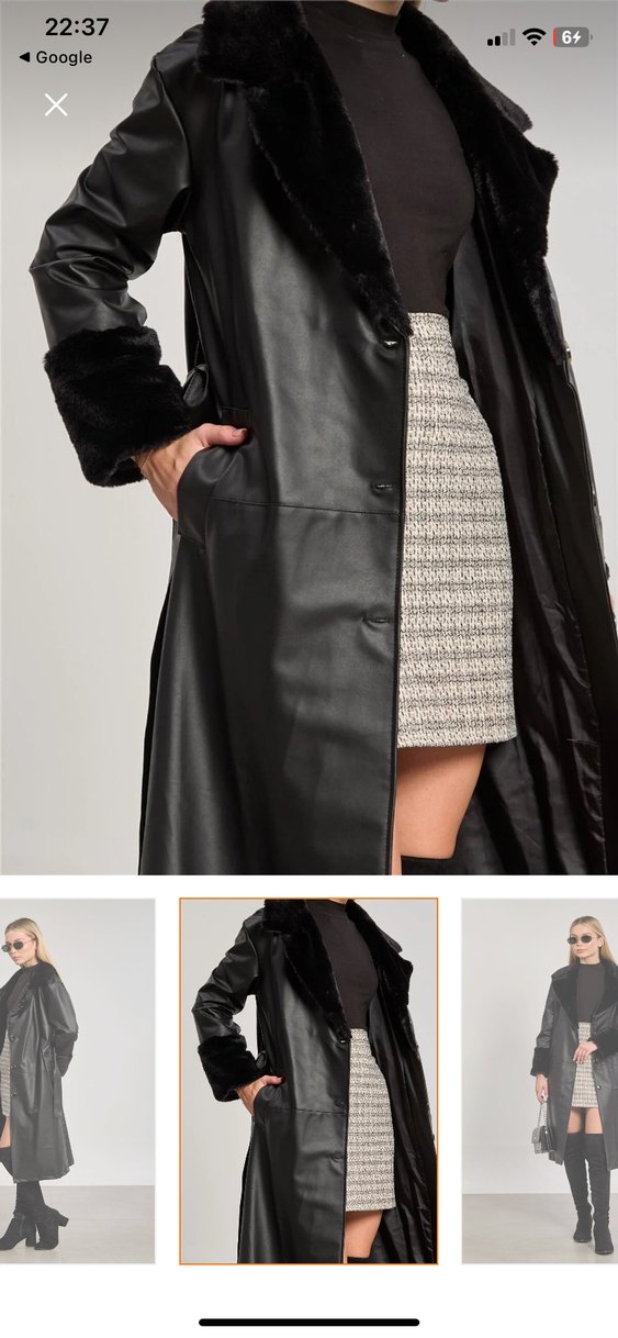 Kadın Siyah Deri Uzun Kürklü Trençkot - Görsel 3