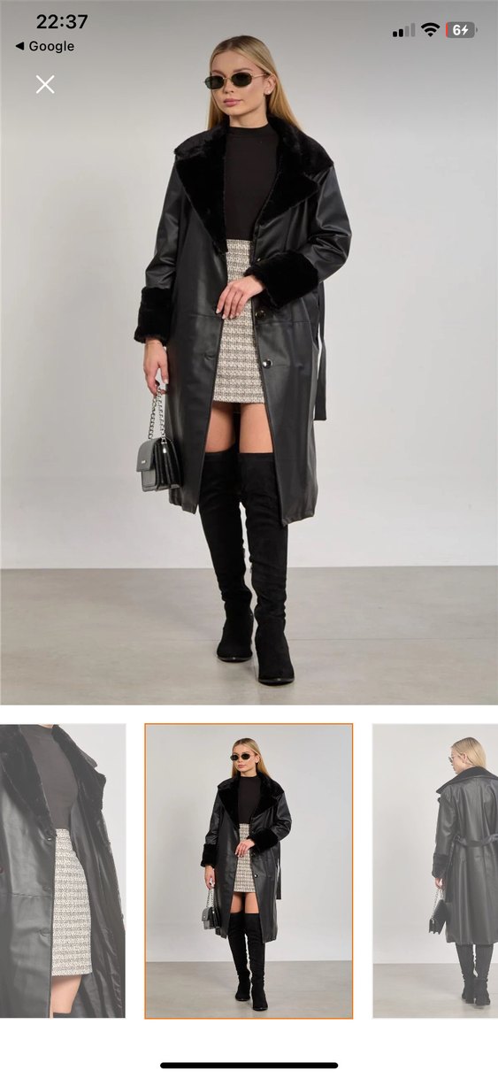 Kadın Siyah Deri Uzun Kürklü Trençkot - Görsel 2