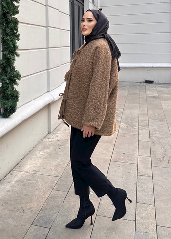 Kürk Detaylı Camel Midi Kadın Kaban - Görsel 2