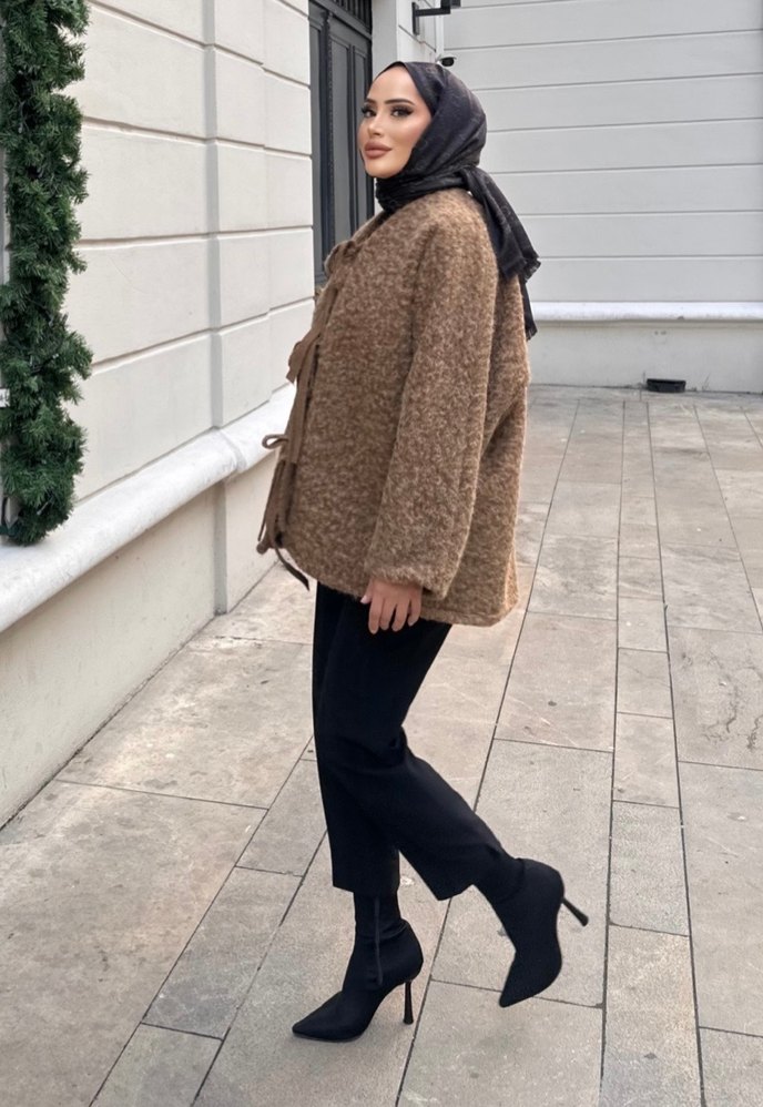 Kürk Detaylı Camel Midi Kadın Kaban - Görsel 2