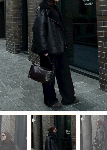 Siyah Deri Kürklü Salaş Midi Ceket - Görsel 2