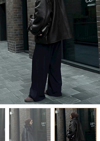 Siyah Deri Kürklü Salaş Midi Ceket - Görsel 3