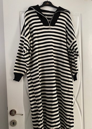 Çizgili Pamuklu Kadın Triko Elbise - Görsel 2