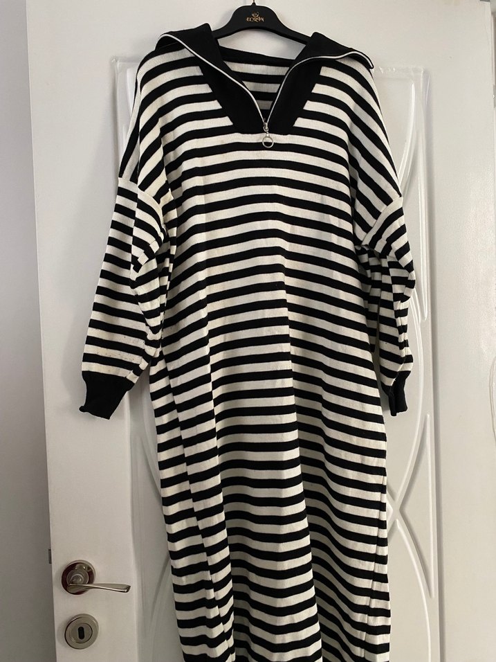 Çizgili Pamuklu Kadın Triko Elbise - Görsel 2