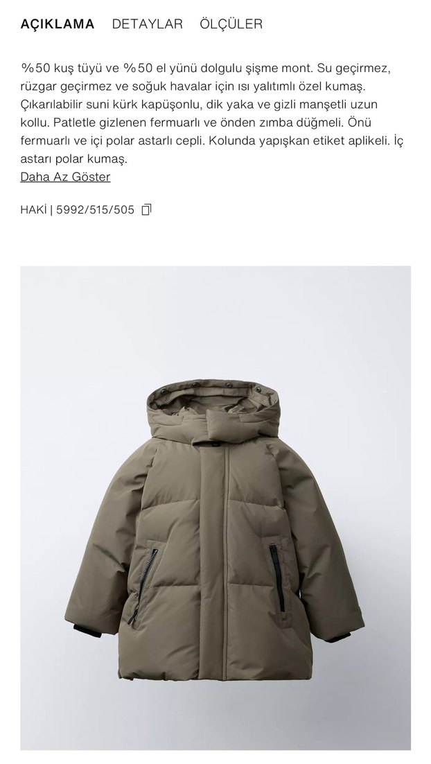 Zara Kapüşonlu kuş tüyü Bej Erkek Çocuk Şişme Mont 3 yaş 98 cm - Görsel 2