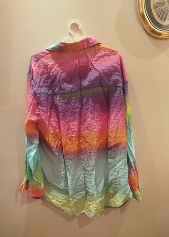 Diğer Renkli Tie-Dye Keten Gömlek, Bol Kesim, Uzun Kollu