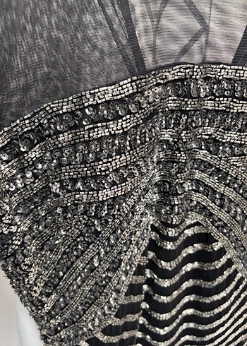 Adil Işık Boncuk İşlemeli Siyah Gri Mini Abiye Elbise - Görsel 5