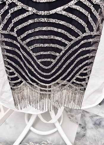 Adil Işık Boncuk İşlemeli Siyah Gri Mini Abiye Elbise - Görsel 7