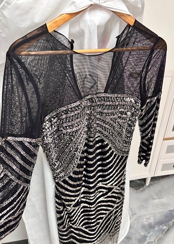 Adil Işık Boncuk İşlemeli Siyah Gri Mini Abiye Elbise - Görsel 6