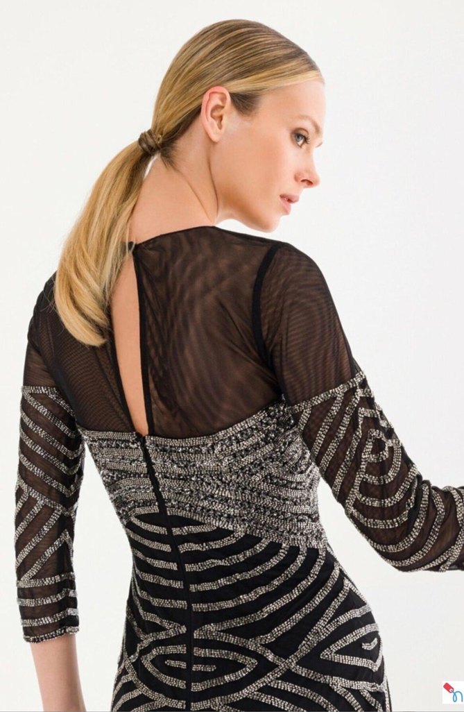 Adil Işık Boncuk İşlemeli Siyah Gri Mini Abiye Elbise - Görsel 3