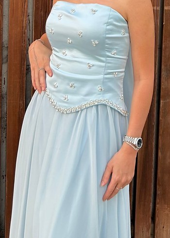 Mavi Uzun Drapeli Straplez Abiye Elbise - Görsel 3